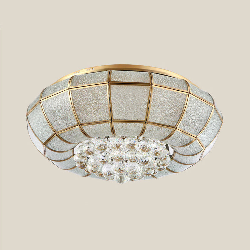 Country Brass Flush Mount Led Ceiling Lamp With Seedy Glass And Crystal Draping / 18