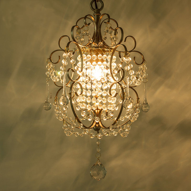 Traditional Metal Pendant Light Kit With Scrolled Frame Crystal Droplet And 1