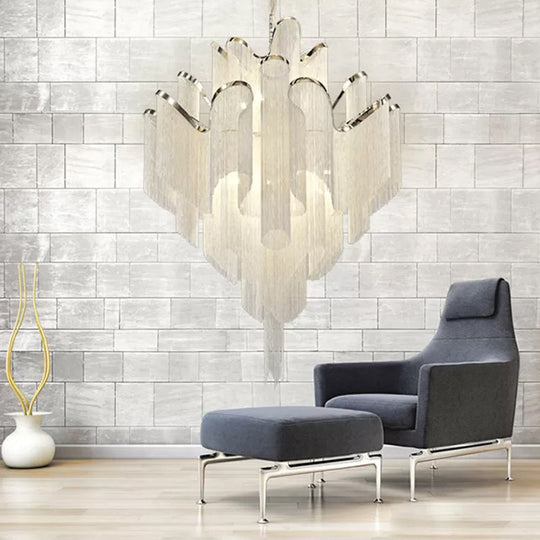 Modern LED Bedroom Chandelier: Silver Pendant Lamp with Tiered Tassel Aluminum Shade