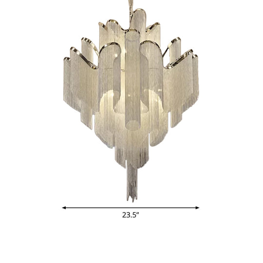 Modern LED Bedroom Chandelier: Silver Pendant Lamp with Tiered Tassel Aluminum Shade