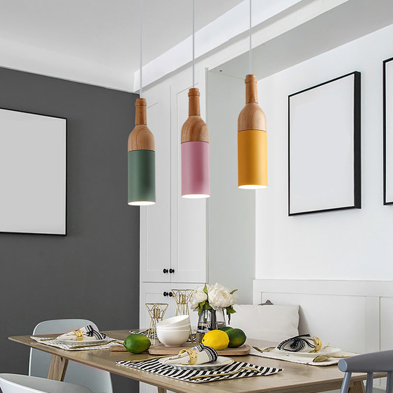 Sleek Bottle Shaped Pendant Light - Simplicity Metal Cluster 3-Light Wood Suspension Lamp For Dining
