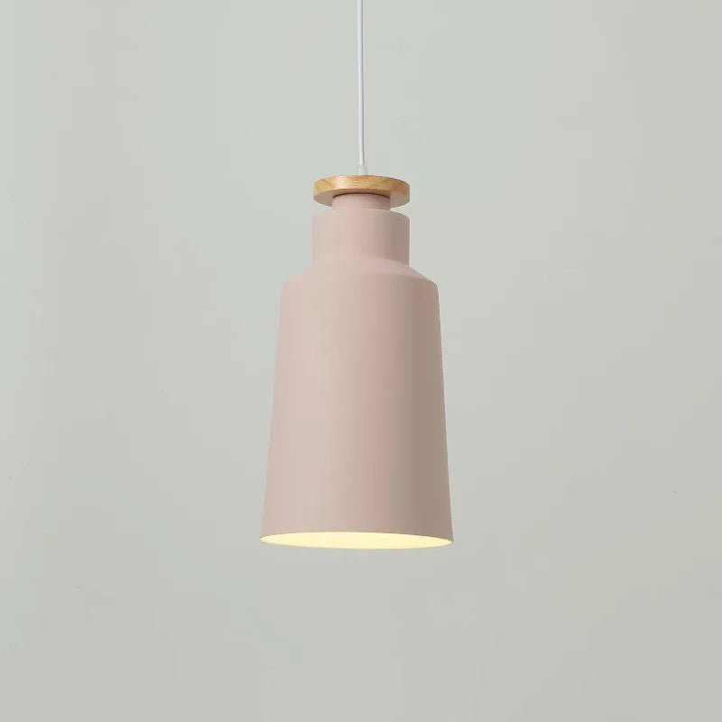 Modernist Barrel Wood Suspension Lamp with Metal Shade - 1 Bulb Drop Lighting Fixture