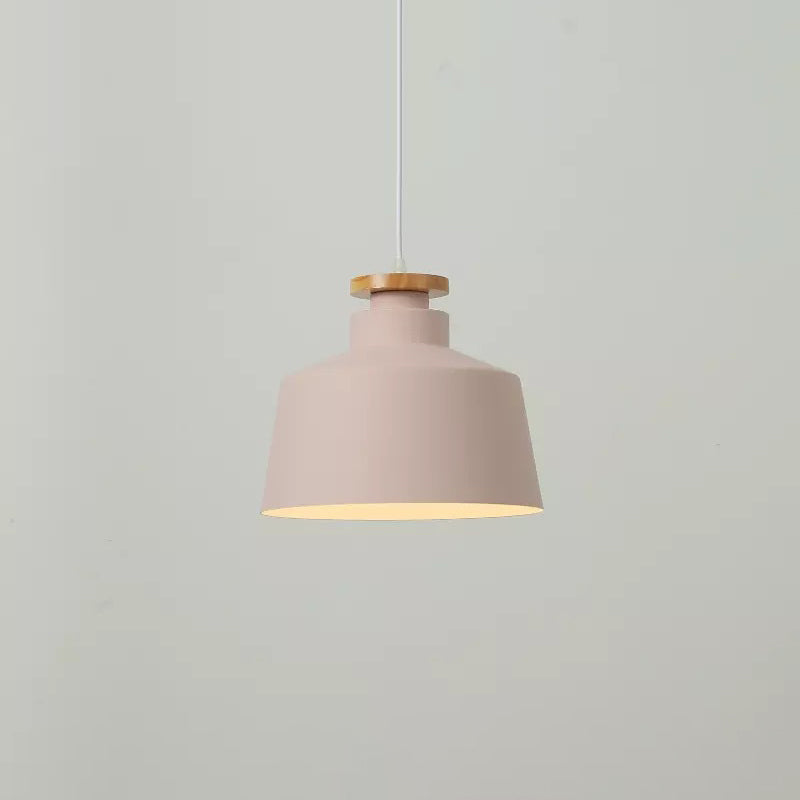 Modernist Barrel Wood Suspension Lamp with Metal Shade - 1 Bulb Drop Lighting Fixture