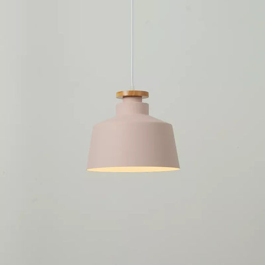 Modernist Barrel Wood Suspension Lamp with Metal Shade - 1 Bulb Drop Lighting Fixture