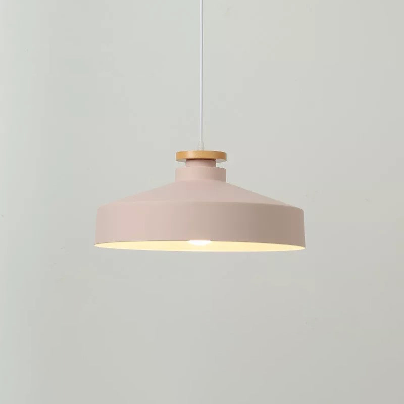 Modernist Barrel Wood Suspension Lamp with Metal Shade - 1 Bulb Drop Lighting Fixture