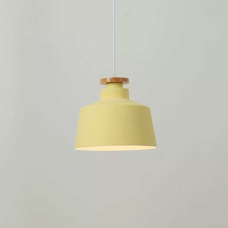 Modernist Barrel Wood Suspension Lamp with Metal Shade - 1 Bulb Drop Lighting Fixture