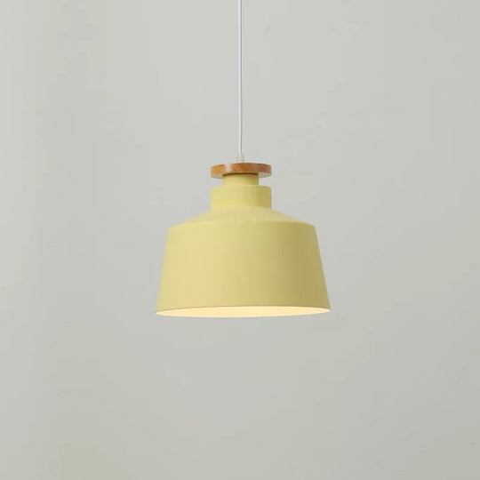 Modernist Barrel Wood Suspension Lamp with Metal Shade - 1 Bulb Drop Lighting Fixture