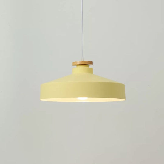 Modernist Barrel Wood Suspension Lamp with Metal Shade - 1 Bulb Drop Lighting Fixture