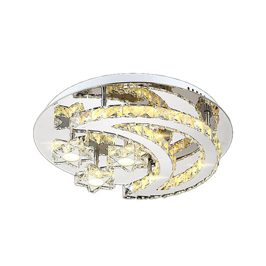 Contemporary Chrome Flush Light with Clear Crystal Moon and Star Design - LED Close to Ceiling Lamp