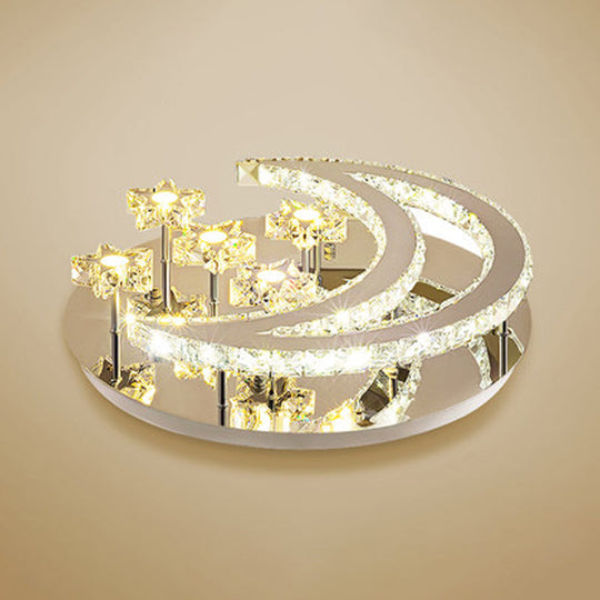 Contemporary Chrome Flush Light with Clear Crystal Moon and Star Design - LED Close to Ceiling Lamp