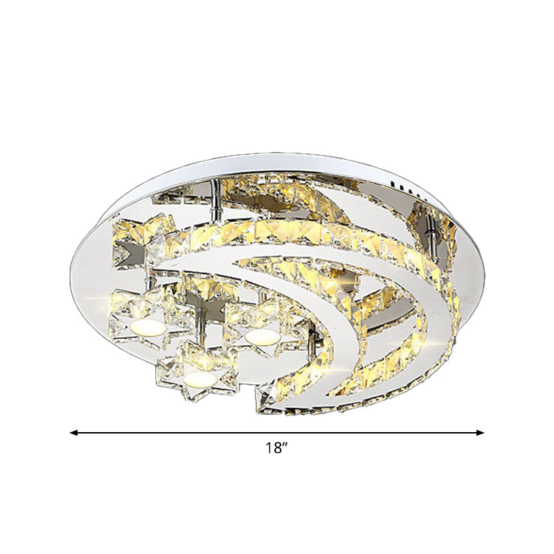 Contemporary Chrome Flush Light with Clear Crystal Moon and Star Design - LED Close to Ceiling Lamp