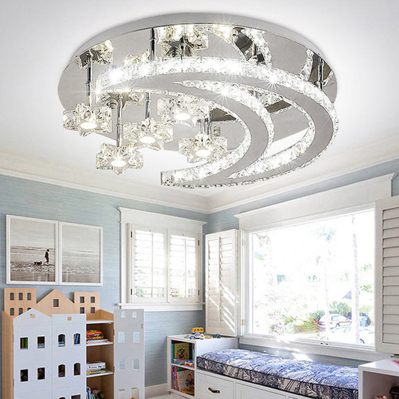 Contemporary Chrome Flush Light with Clear Crystal Moon and Star Design - LED Close to Ceiling Lamp