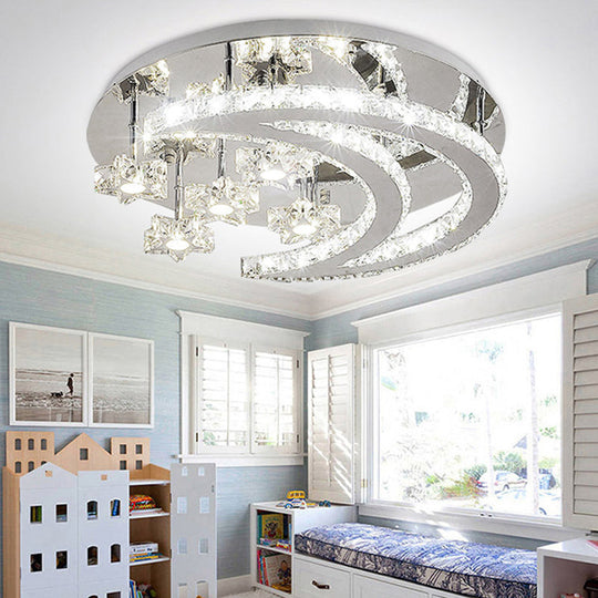 Contemporary Chrome Flush Light with Clear Crystal Moon and Star Design - LED Close to Ceiling Lamp