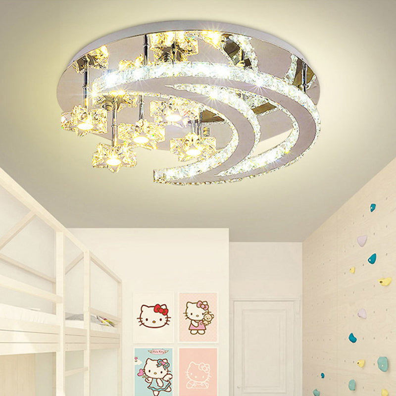 Contemporary Chrome Flush Light with Clear Crystal Moon and Star Design - LED Close to Ceiling Lamp