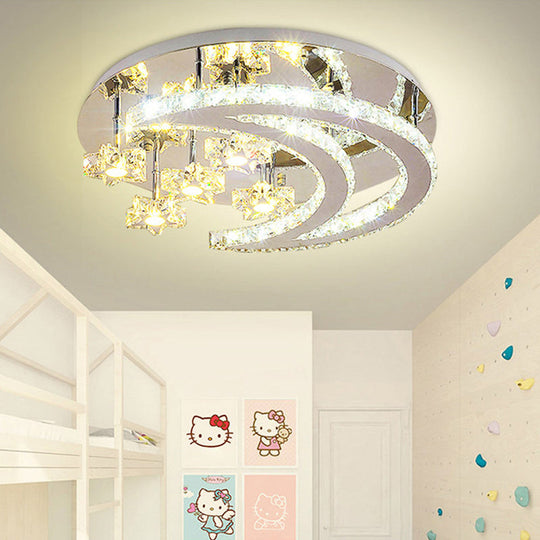 Contemporary Chrome Flush Light with Clear Crystal Moon and Star Design - LED Close to Ceiling Lamp