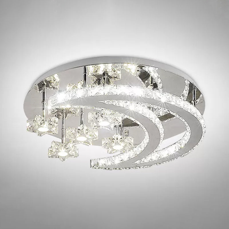 Contemporary Chrome Flush Light with Clear Crystal Moon and Star Design - LED Close to Ceiling Lamp