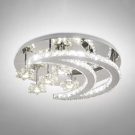 Contemporary Chrome Flush Light with Clear Crystal Moon and Star Design - LED Close to Ceiling Lamp