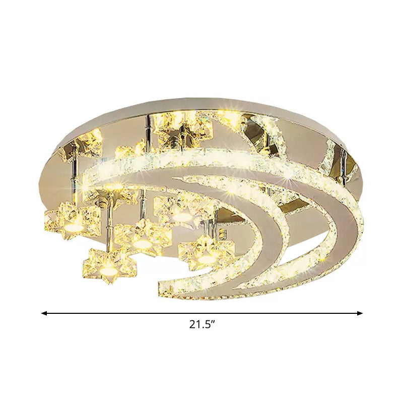 Contemporary Chrome Flush Light with Clear Crystal Moon and Star Design - LED Close to Ceiling Lamp