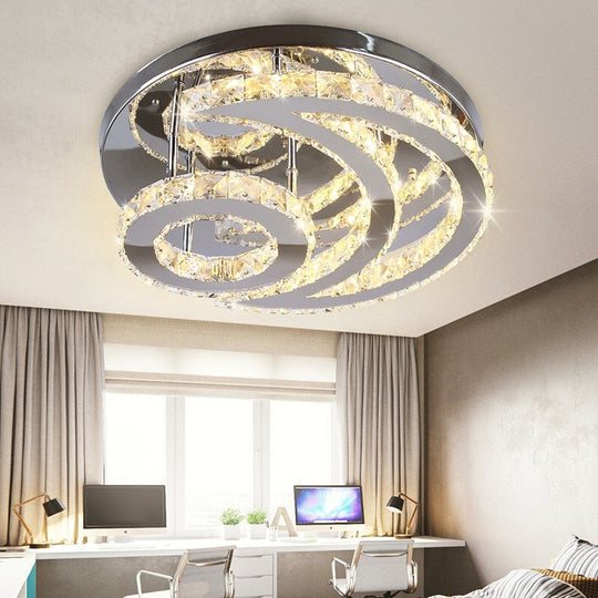 Contemporary LED Flush Ceiling Light: Chrome Moon Flush Mount with Clear Crystal Shade