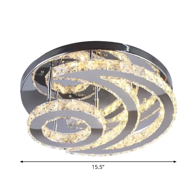 Contemporary LED Flush Ceiling Light: Chrome Moon Flush Mount with Clear Crystal Shade