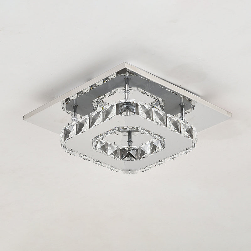 Contemporary LED Chrome Square Ceiling Lamp: Clear Crystal Flush Mount Lighting for Porch