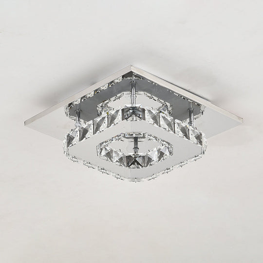 Contemporary LED Chrome Square Ceiling Lamp: Clear Crystal Flush Mount Lighting for Porch
