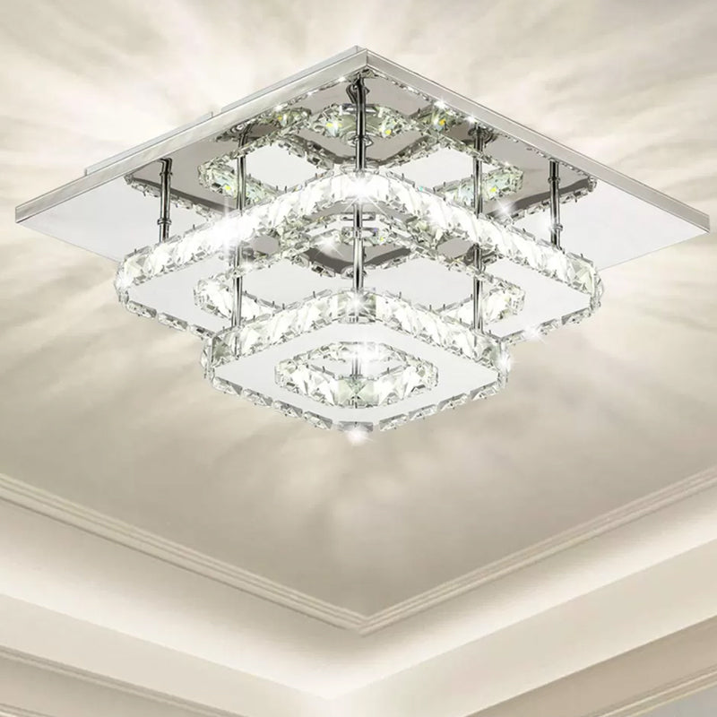 Contemporary LED Chrome Square Ceiling Lamp: Clear Crystal Flush Mount Lighting for Porch