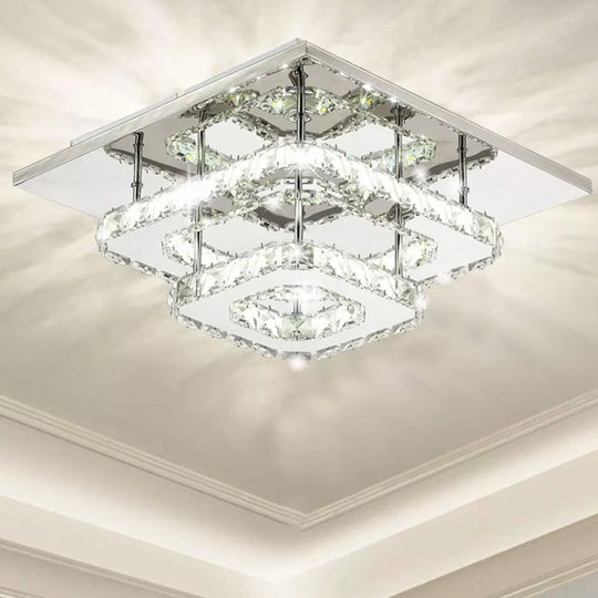 Contemporary LED Chrome Square Ceiling Lamp: Clear Crystal Flush Mount Lighting for Porch