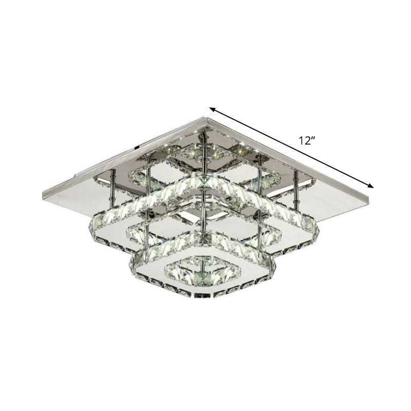Contemporary Led Chrome Square Ceiling Lamp: Clear Crystal Flush Mount Lighting For Porch