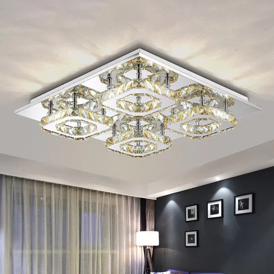 Modern Style Chrome Flush Ceiling Light with Faceted Crystal - Block Flushmount Lighting