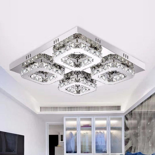 Modern Style Chrome Flush Ceiling Light with Faceted Crystal - Block Flushmount Lighting