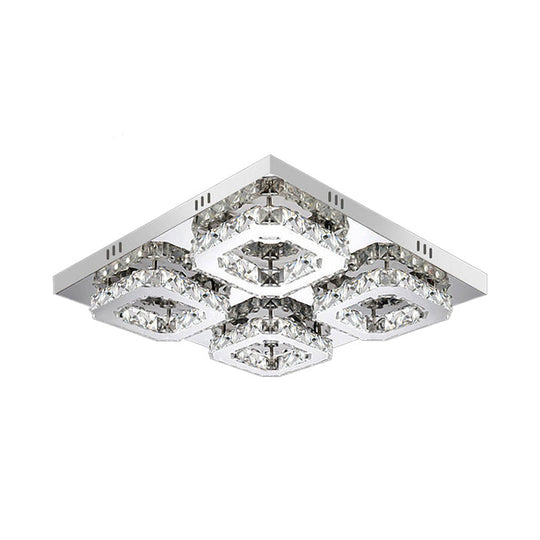 Modern Style Chrome Flush Ceiling Light With Faceted Crystal - Block Flushmount Lighting