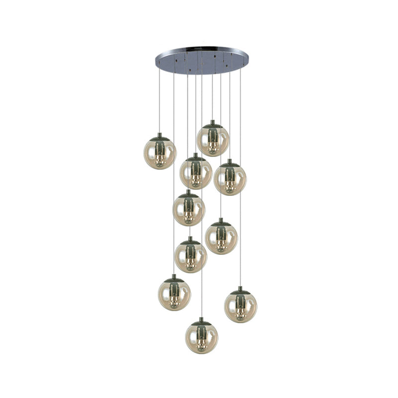Cognac Glass Globe Pendant Light With 10-Lights For Stairs Or Ceiling