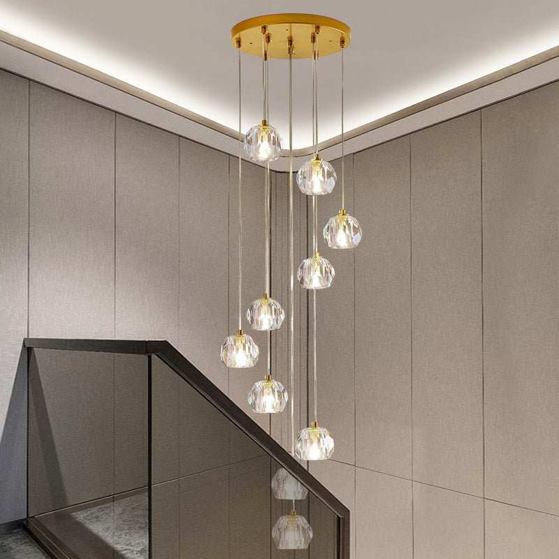 Modern Gold Spiral Design Glass Pendant Light For Stairs - Multi-Pendant Ball Clear Pendulum