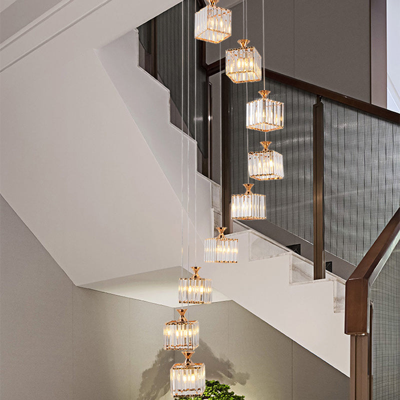 Beveled Crystal Cubic Pendant Suspension Light With Contemporary Swirl Design 9 / Gold