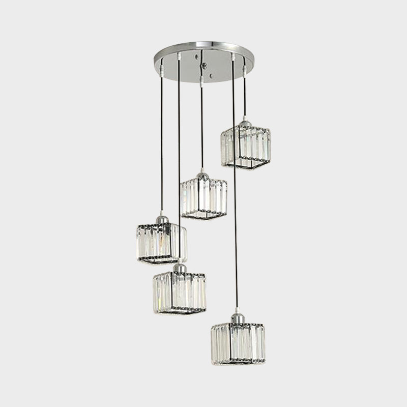 Beveled Crystal Cubic Pendant Suspension Light With Contemporary Swirl Design