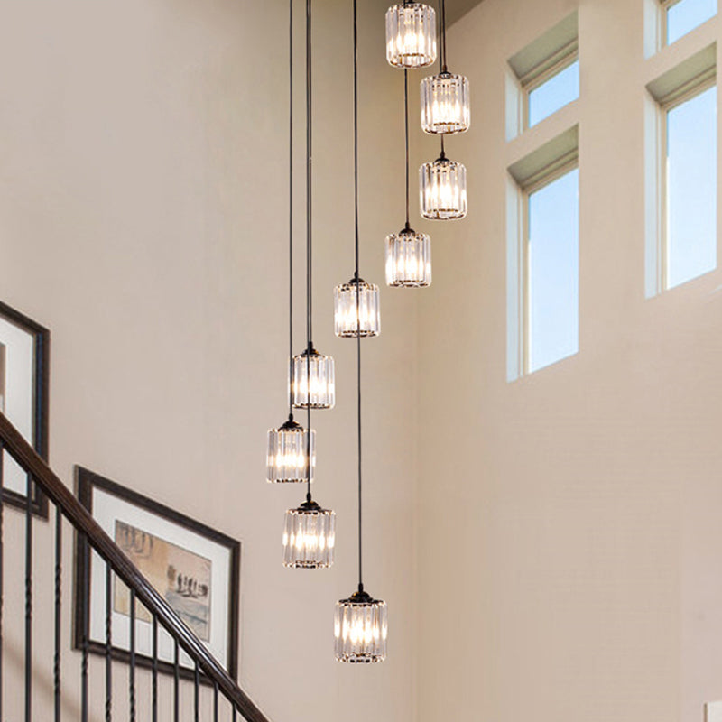 Modern Crystal Pendant Light for Stairs - Minimalist Black Cylinder Cluster Drop Lamp
