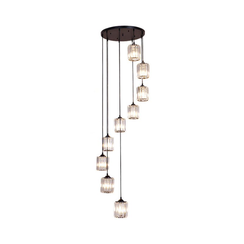 Clear Crystal Black Cylinder Cluster Pendant Light - Minimalist Stair Drop Lamp