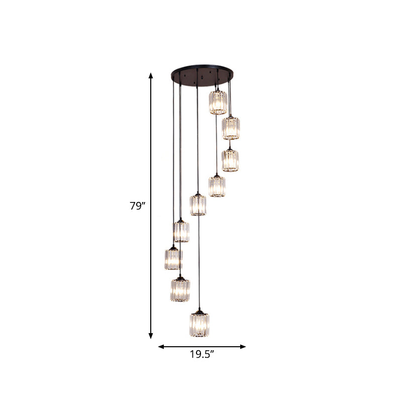 Clear Crystal Black Cylinder Cluster Pendant Light - Minimalist Stair Drop Lamp