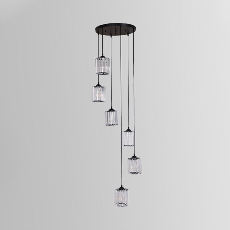 Clear Crystal Black Cylinder Cluster Pendant Light - Minimalist Stair Drop Lamp