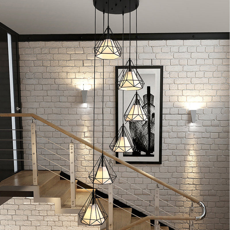 Black Diamond Cage Multi-Pendant Metal Light Kit - 6 Lights & Inner Fabric Shade Great For Corridors