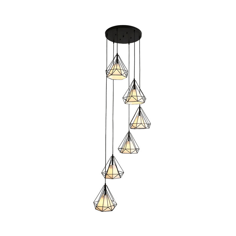 Minimalist Black Diamond Cage Pendant Light Kit with 6 Inner Fabric Shades: Versatile Corridor Hanging Fixture