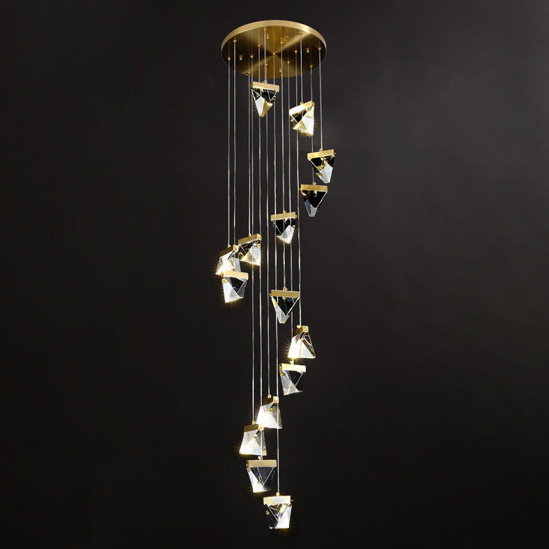 Contemporary Crystal Pendant Light for Stairs: Triangle Spiral Cluster Design