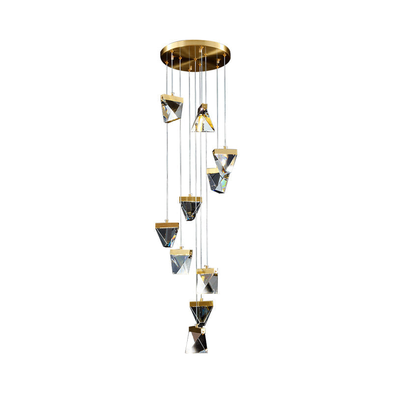 Contemporary Crystal Pendant Light for Stairs: Triangle Spiral Cluster Design