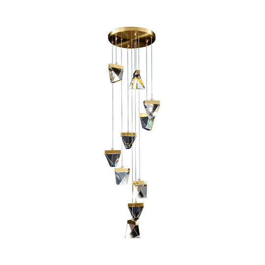 Contemporary Crystal Pendant Light for Stairs: Triangle Spiral Cluster Design