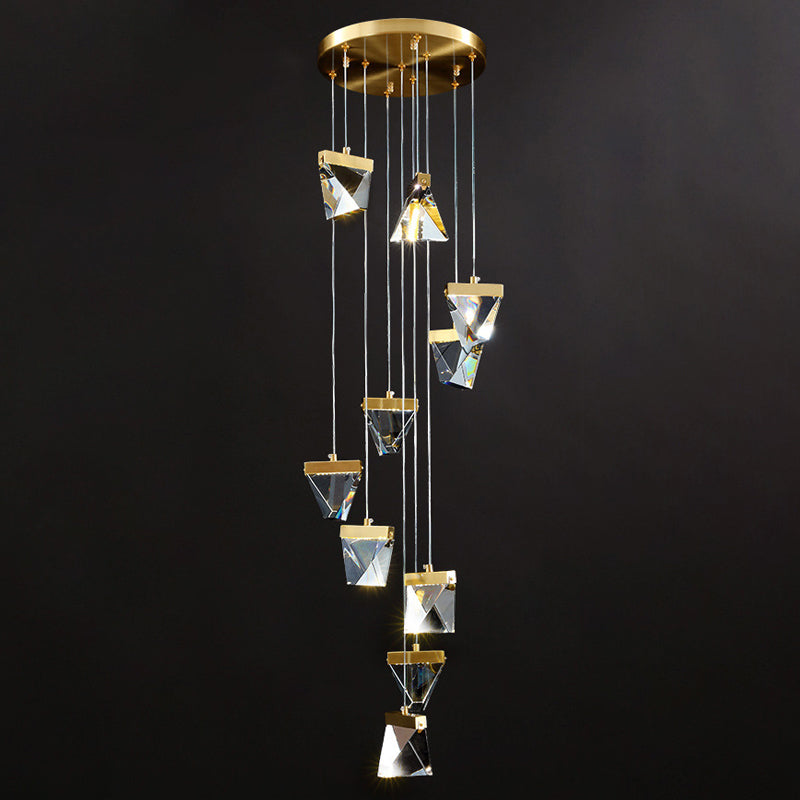 Contemporary Crystal Pendant Light for Stairs: Triangle Spiral Cluster Design
