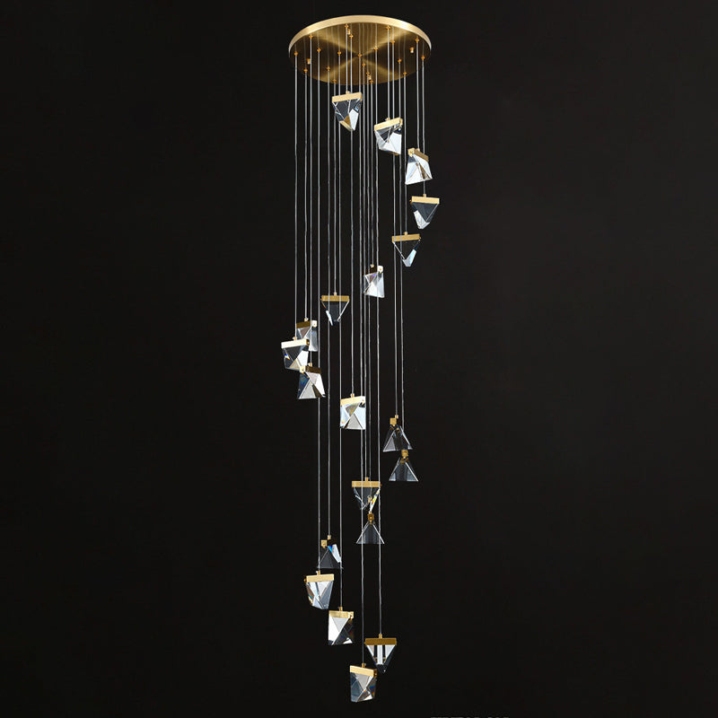 Contemporary Crystal Pendant Light for Stairs: Triangle Spiral Cluster Design