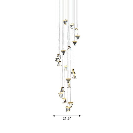 Contemporary Crystal Pendant Light for Stairs: Triangle Spiral Cluster Design