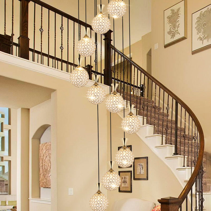 Modern Crystal Embedded Ball Spiral Pendant Light - 10-Light Cluster Hanging Fixture