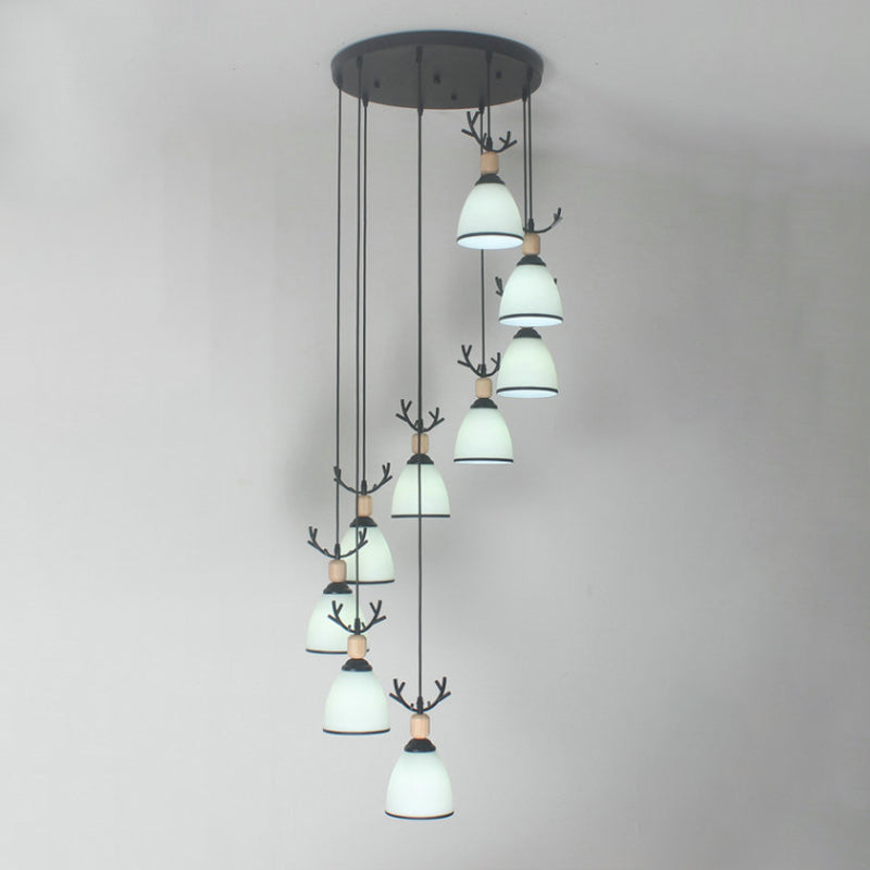 Contemporary Dome Stairs Swirl Pendant Light In Black With Opal Glass Accent Stylish Hanging